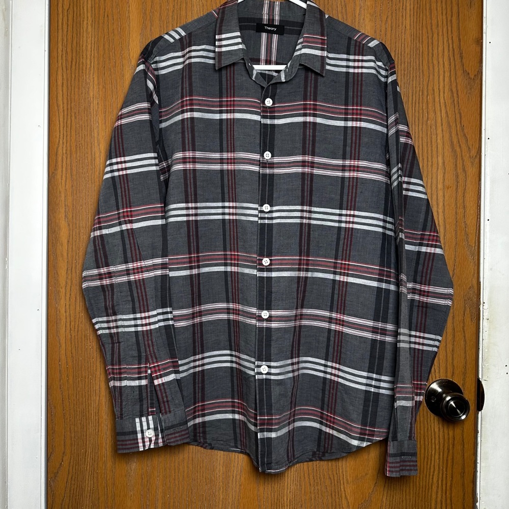 Theory Men's‎ Gray Plaid Long Sleeve Button Down Shirt Linen Cotton Casual Sz L